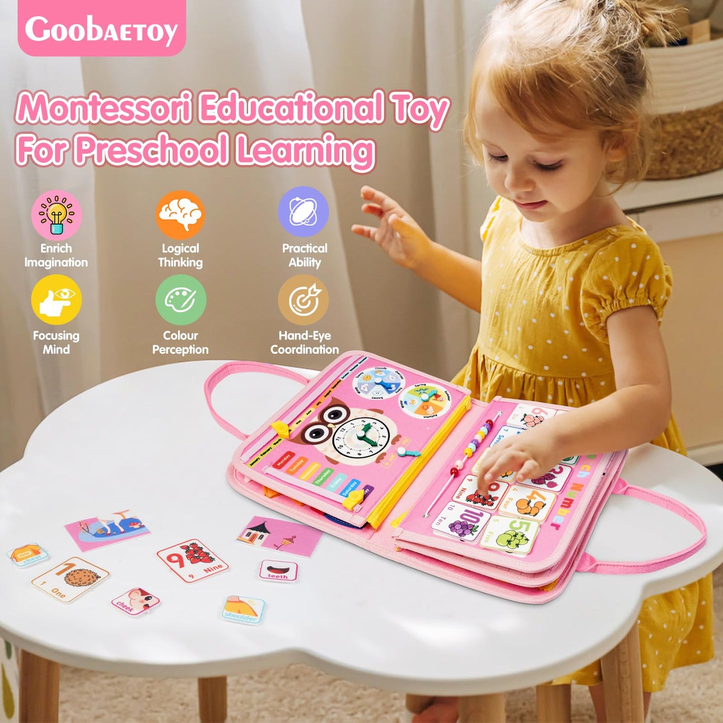 Busy Board Montessori Toys for Toddlers 3 4 5 6 Years Old Girl Gift Birthday Christmas, 10 Pages 30 Activities Sensory Educational Preschool Learning Toys, Fine Skill Travel Essential Toys