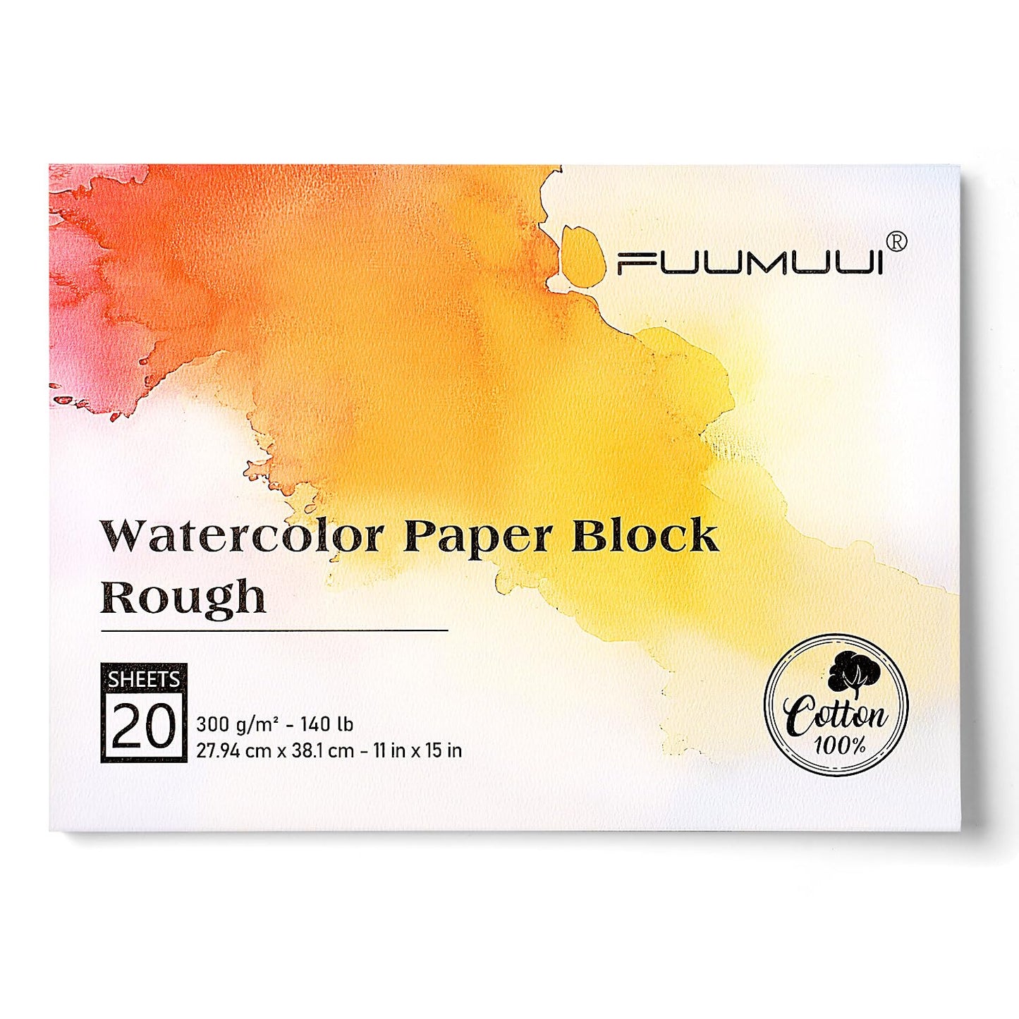 Fuumuui 11×15 Watercolor Paper Block, Textured Rough 100% Cotton Watercolor Paper, 140lb/300gsm, 20 Sheets, Acid-Free, Art Paper for Painting & Drawing, Wet, Mixed Media, Rough Grain