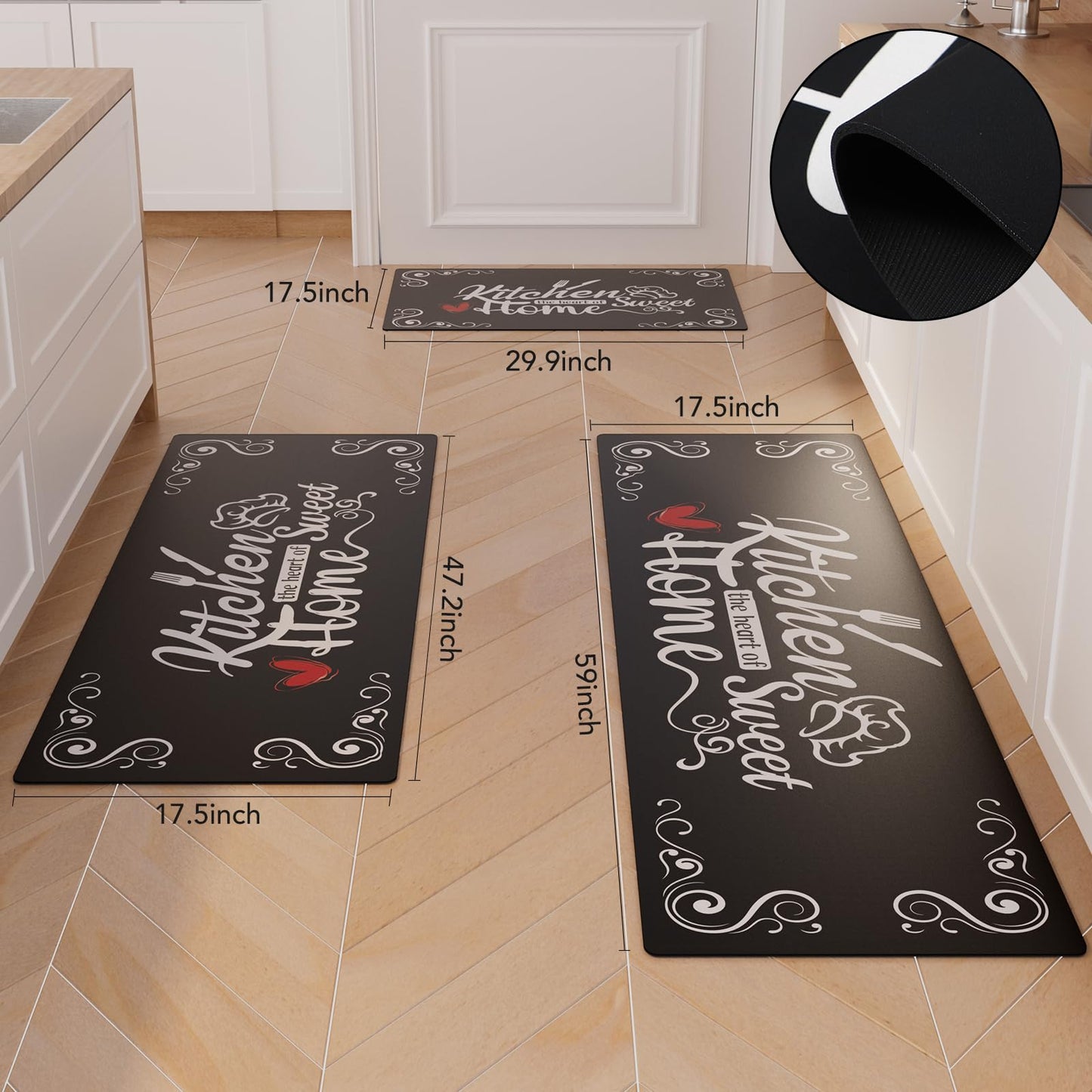 XLHOMO Kitchen Runner Rugs of 3, Non Slip Cushioned Kitchen Mats for Floor Waterproof Comfort Kitchen Rugs and Mats Farmhouse Chef Mats Floor Carpet for Sink,Laundry Room