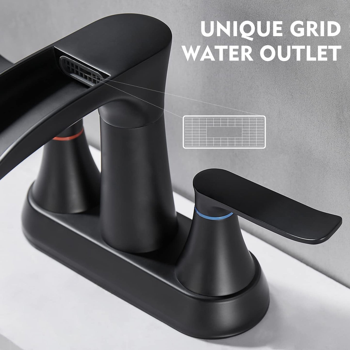YUNDOOM Bathroom Faucet, 4 Inch Centerset, Waterfall, 2 Handle, Matte Black, 3 Hole, 360 Degree Swivel Spout, Pop Up Drain Included