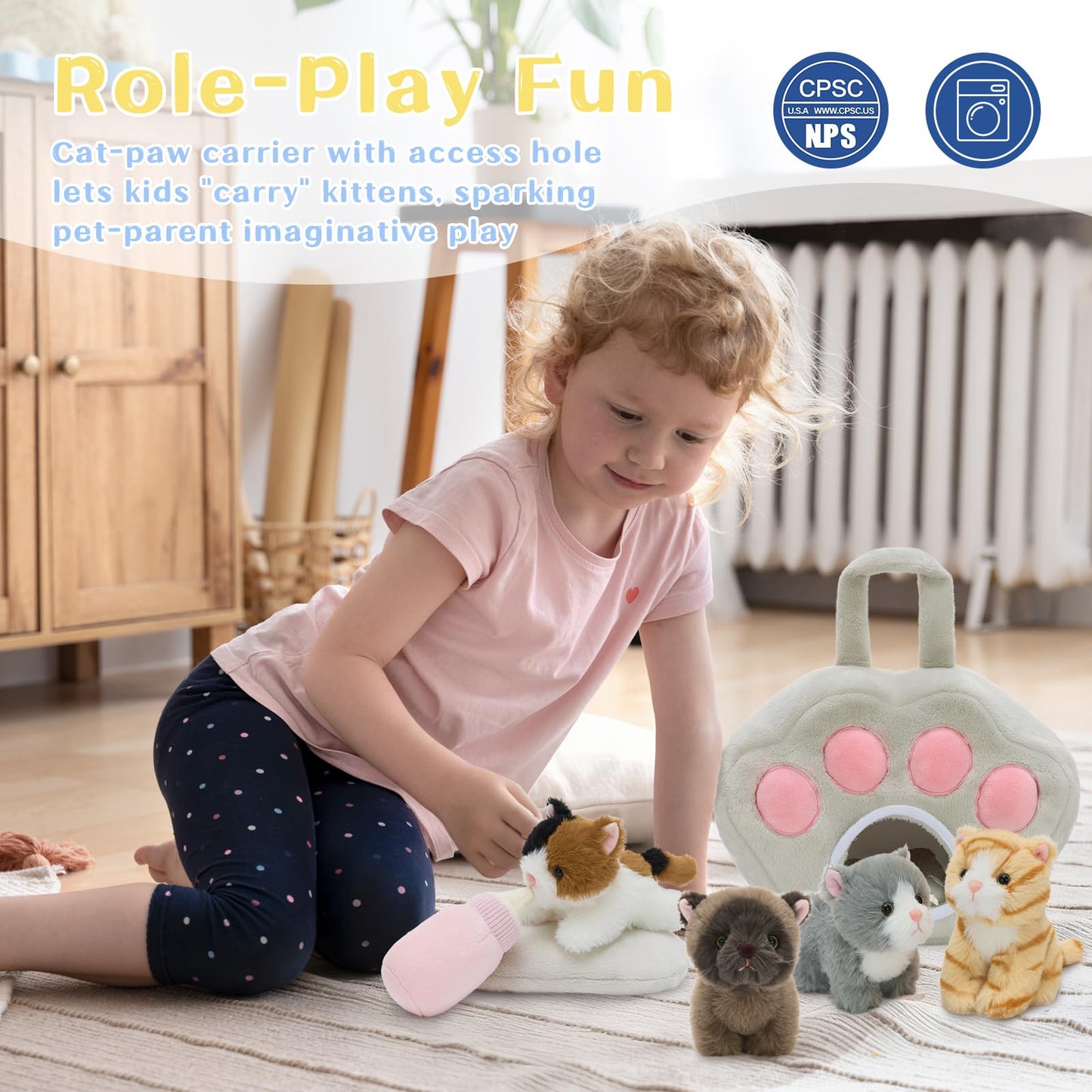 Tezituor 7Pcs Cat Stuffed Animal Set,Plush House with 4 Soft Realistic Kitten Toys,Cats Plushies for Kids Christmas Birthday Halloween Pet Gift – Interactive & Travel-Friendly Kitties Carrier Playset