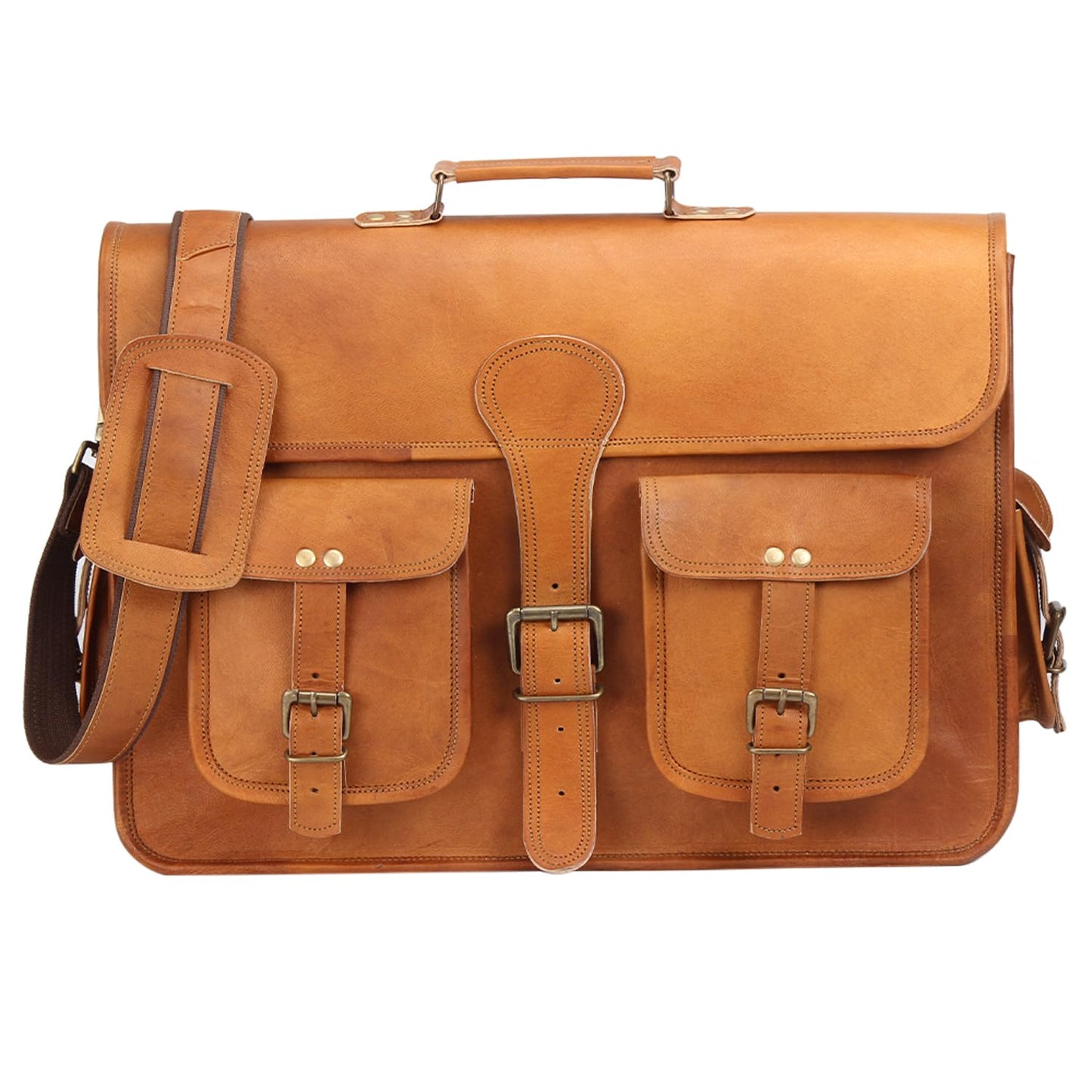 18 Inches Leather Laptop Bag for Men - Genuine Leather Briefcase, Vintage Look Messenger Bag (Tan)