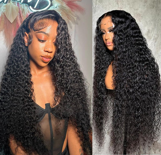 28 Inch Deep Wave Lace Front Wigs Human Hair 180% Density Deep Curly Lace Front Wigs Human Hair Pre-Plucked 13x4 Black Curly Wigs for Women HD Transparent Lace Frontal Glueless Wigs Human Hair