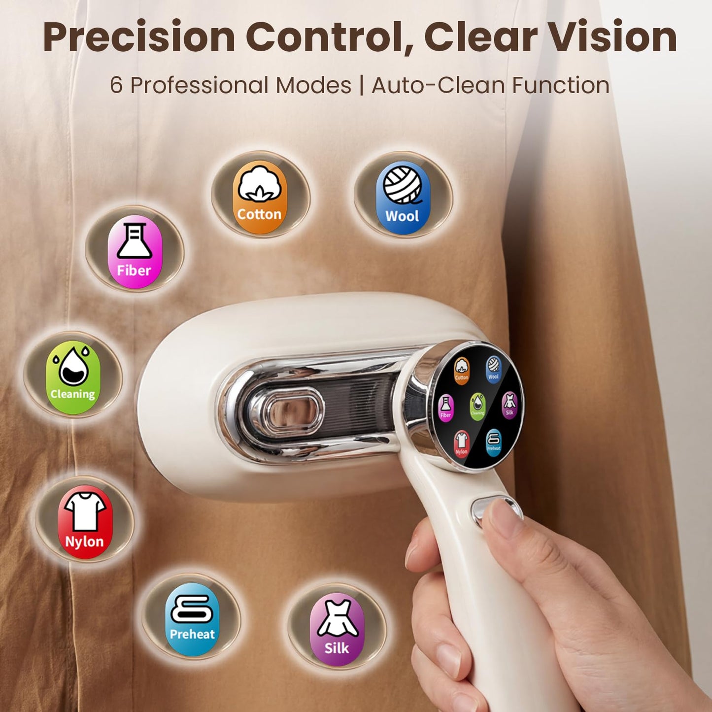 AURISWELL Handheld Steamer for Clothes, 1200W Portable 2-in-1 Garment Steamer & Travel Iron with 7 Modes, 180° Rotatable Handle, Fast 8s Heat-Up, Visual Panel & Self-Clean, 160ml for Home