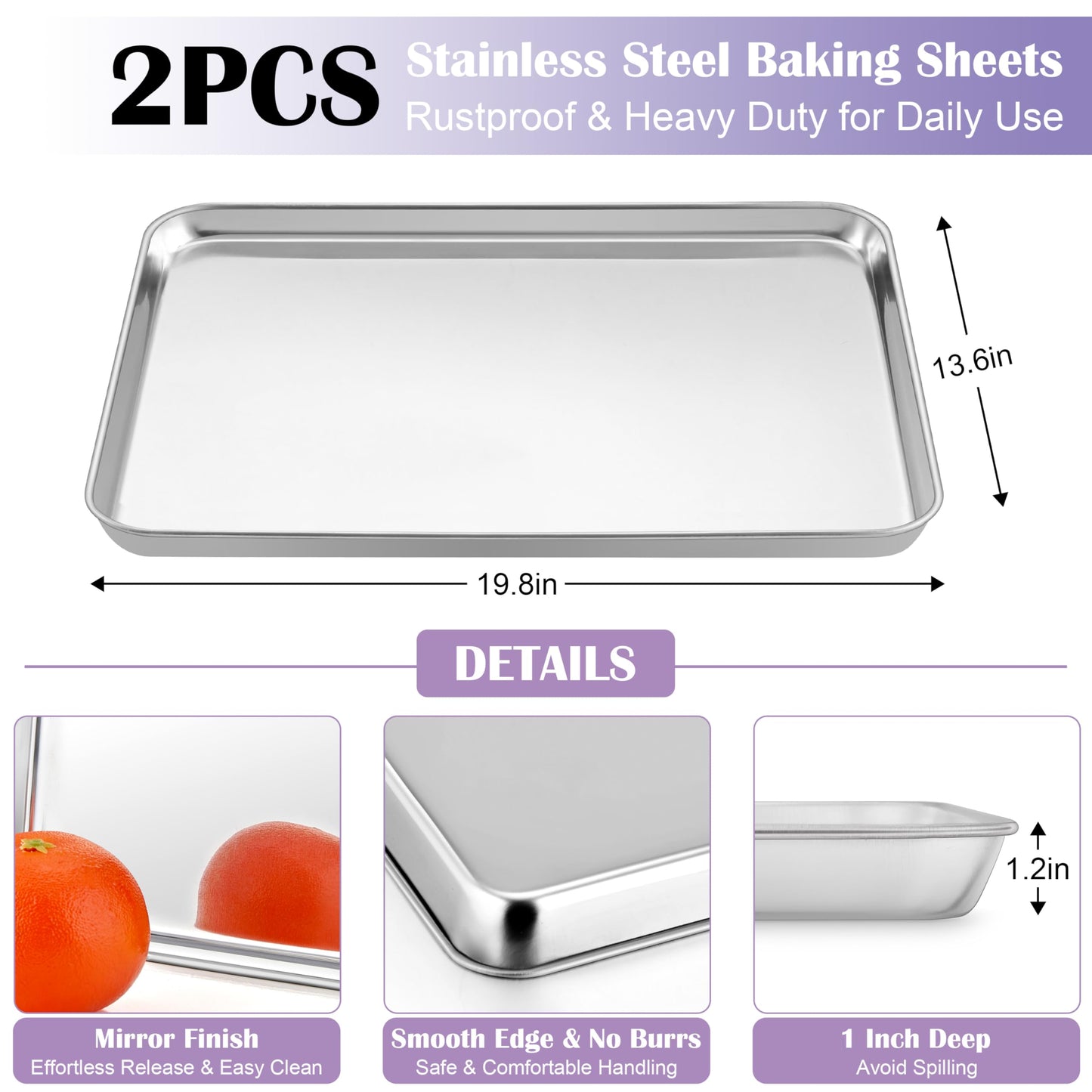 E-far Large Baking Sheet with Wire Rack (2 Pans + 2 Racks), 20 x 14 Inch Stainless Steel Cookie Pans Tray & Cooling Rack for Baking, Non Toxic & Heavy Duty & Rust Free, Oven & Dishwasher Safe