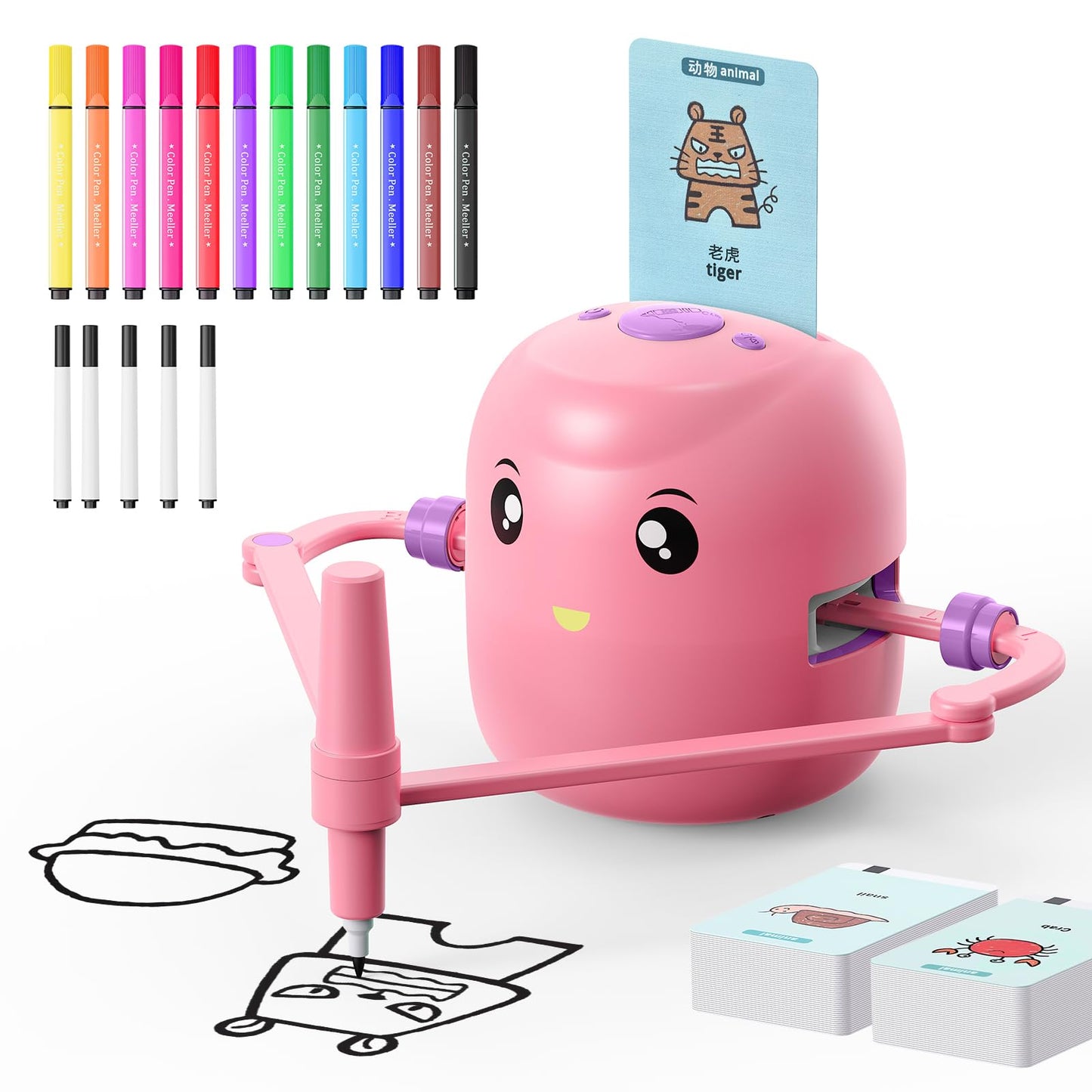 Interactive Educational Drawing Robot for Kids - Montessori Learning Toy with 100 Word Cards, Voice Interaction, Ages 5+ (Pink)