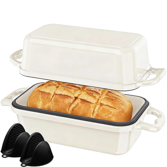 DYCYRQ Enameled Cast Iron Sourdough Bread Dutch Oven, Cast Iron Loaf Bread Pan for Homemade Bread Baking, 2PCS 8.5 x 4.5 Inch Meatloaf Pan with Lid, Oven Safe, Cream