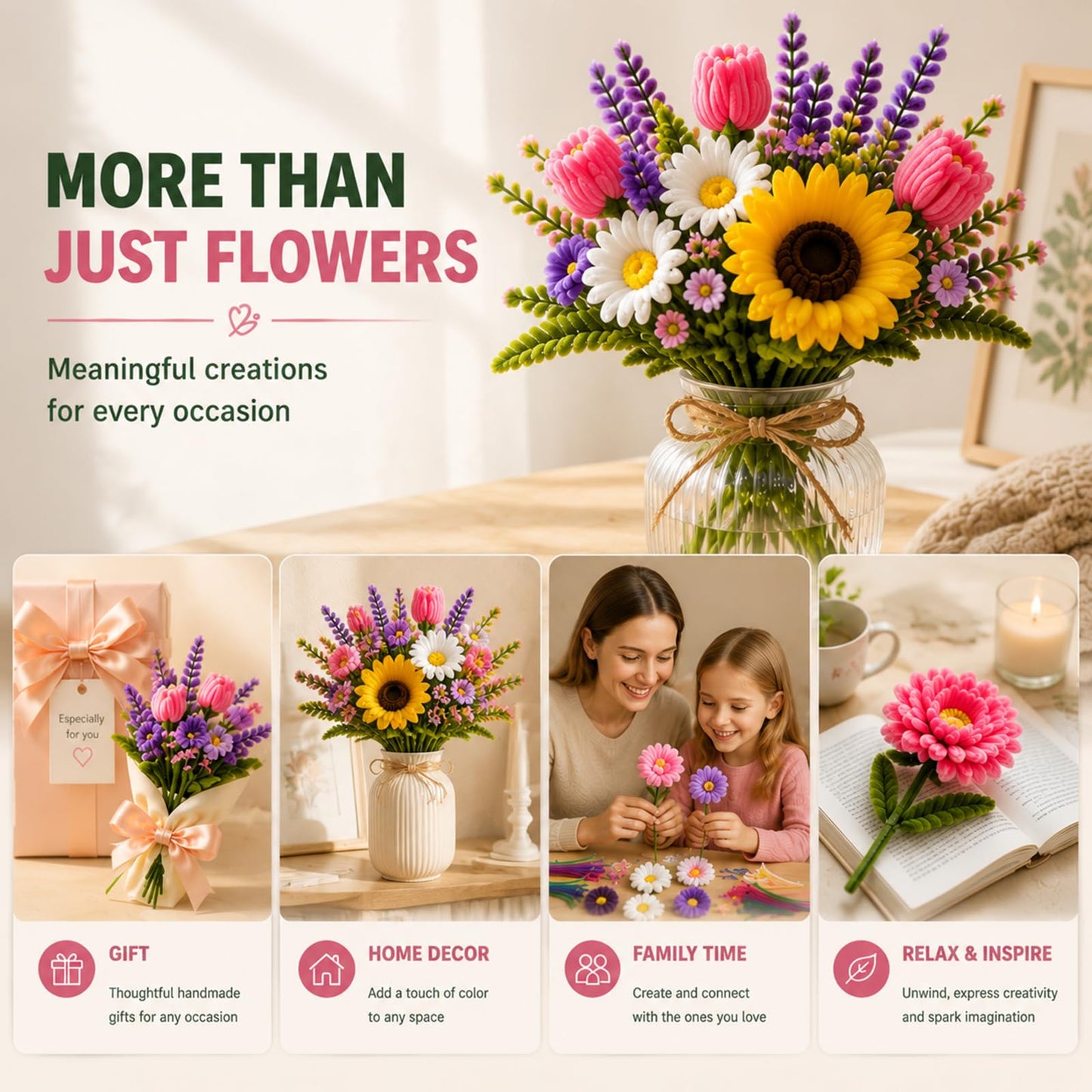 800 Pcs Pipe Cleaners for Crafts,Ultimate DIY Flower Making Kit, Includes Chenille Stems, Stamen, Floral Tape, Ribbon & Craft Wire, Perfect for Bouquet, Home Decoration or Handmade