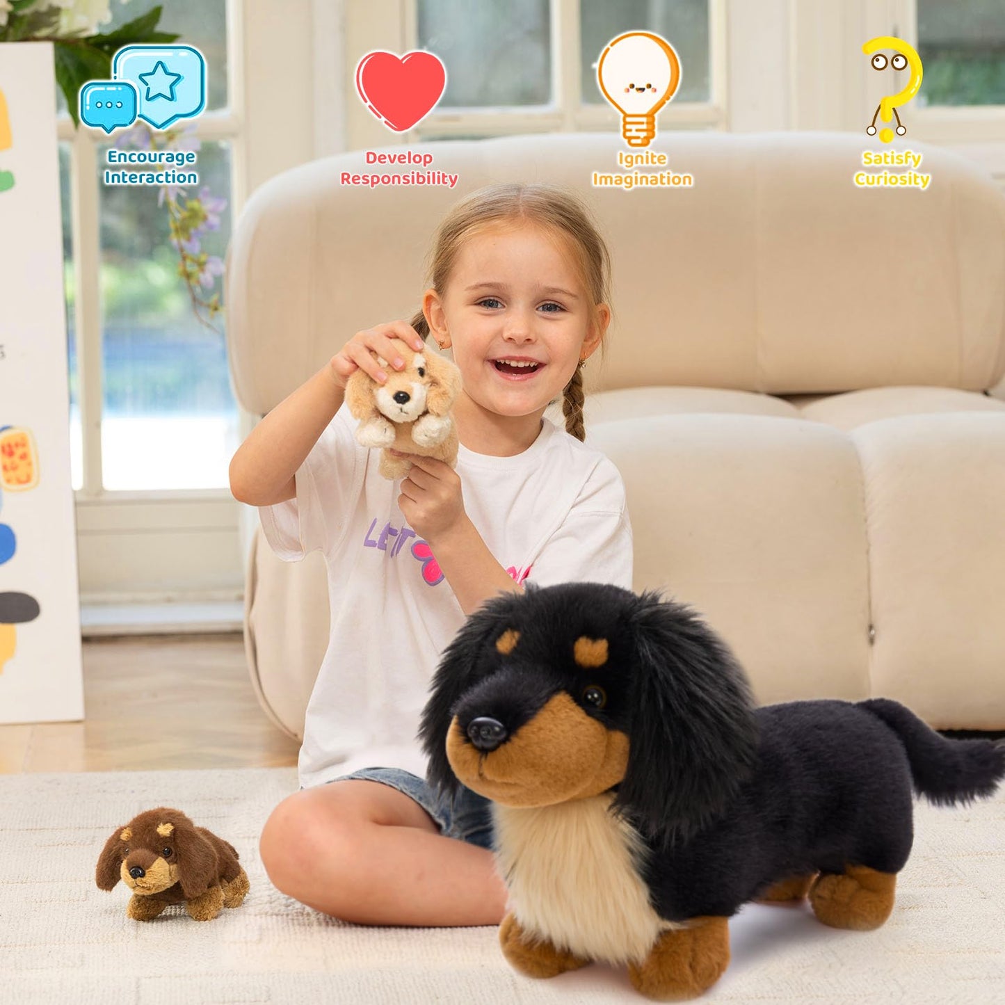 MorisMos 20'' Large Sausage Dog Stuffed Animal Mommy with Baby Puppy Toys for Kids, 3Pcs Realistic Long Hair Sausage Toys for Girl Boy Birthday Christmas