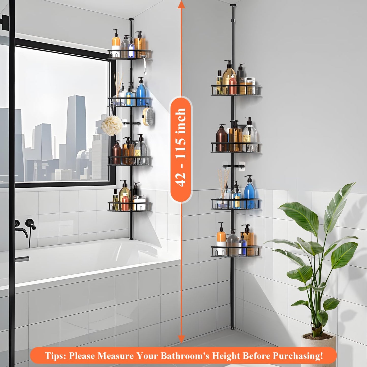 Peyulia 4-Tier Rustproof Corner Shower Caddy with Tension Pole, 42-115 Inch Adjustable Height Shower Organizer, Shower Shelves with Hooks, Freestanding Bathroom Organizer - Black