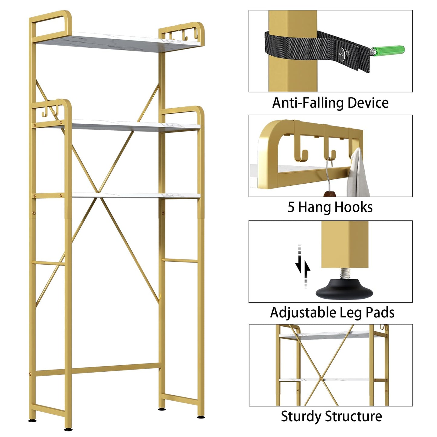 Over The Toilet Storage Rack with 3-Tier Shelves, Space Saver Toilet Shelf, Laundry Organizer with Hooks for Over Toilet Storage and Space Saver (White & Gold)