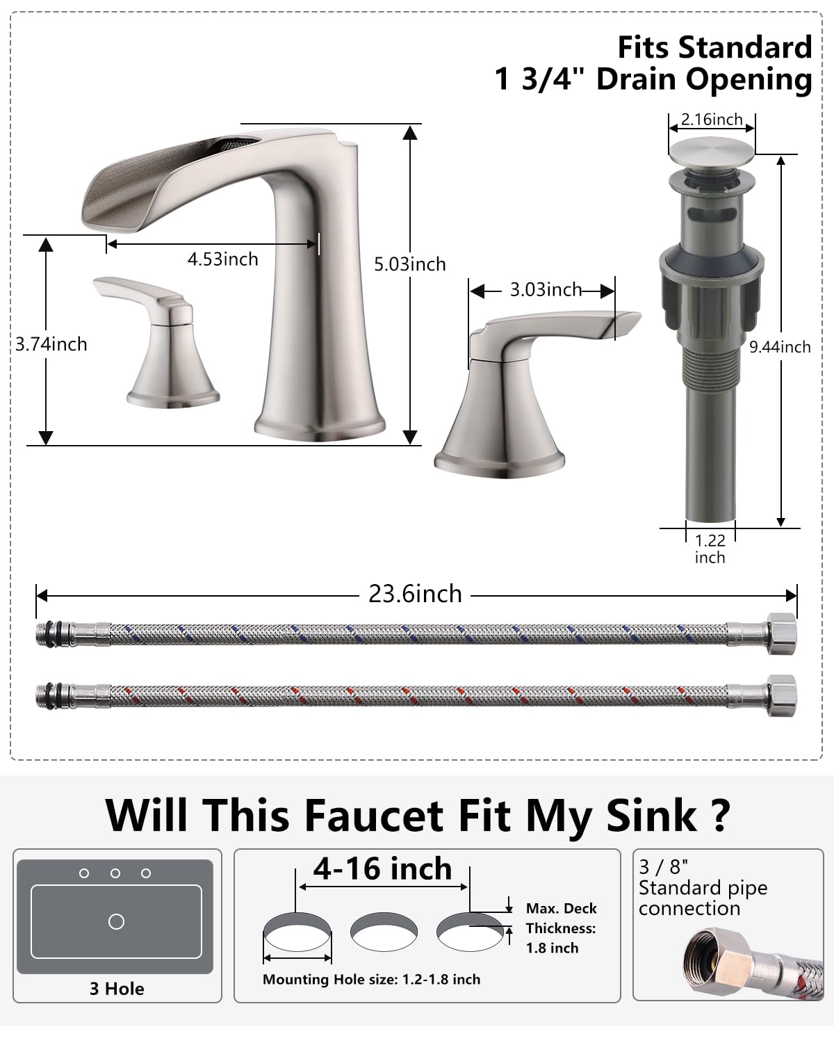 Fapully Brushed Nickel Bathroom Faucet 3 Hole, Waterfall 8 Inch Widespread Bathroom Sink Faucet with Pop-up Drain, Two-Handle Faucet for Bathroom Sink