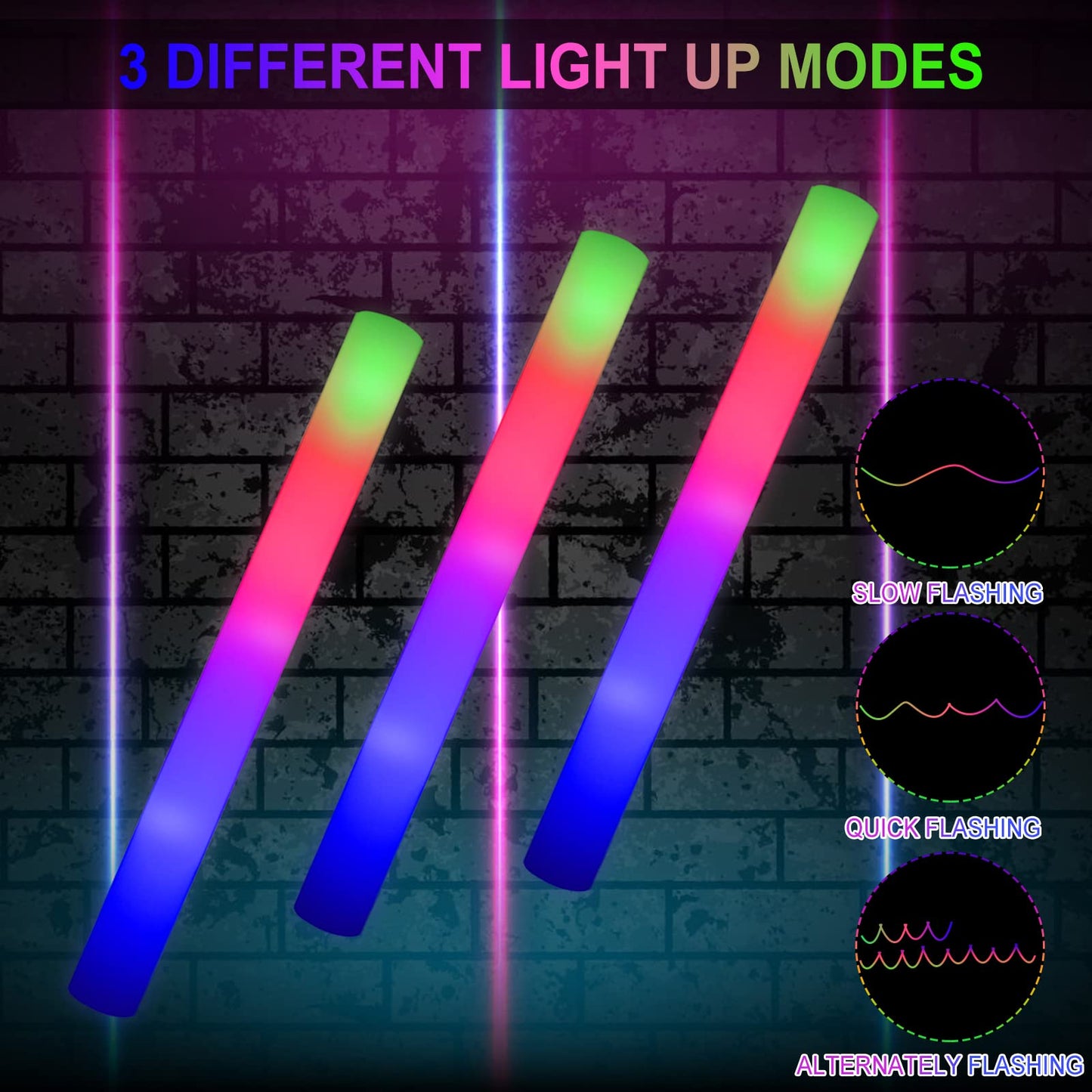 LifBetter 42 Pcs Glow Sticks Bulk- LED Foam Sticks in The Dark with 3 Modes Flashing Led Foam Multicolor Batons Light up Party Favors for Birthdays, Weddings, Concerts, Festivals