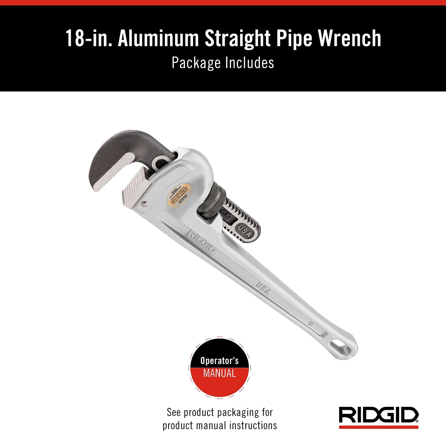 RIDGID 31100 Model 818 Aluminum Straight Pipe Wrench, 18-inch Plumbing Wrench
