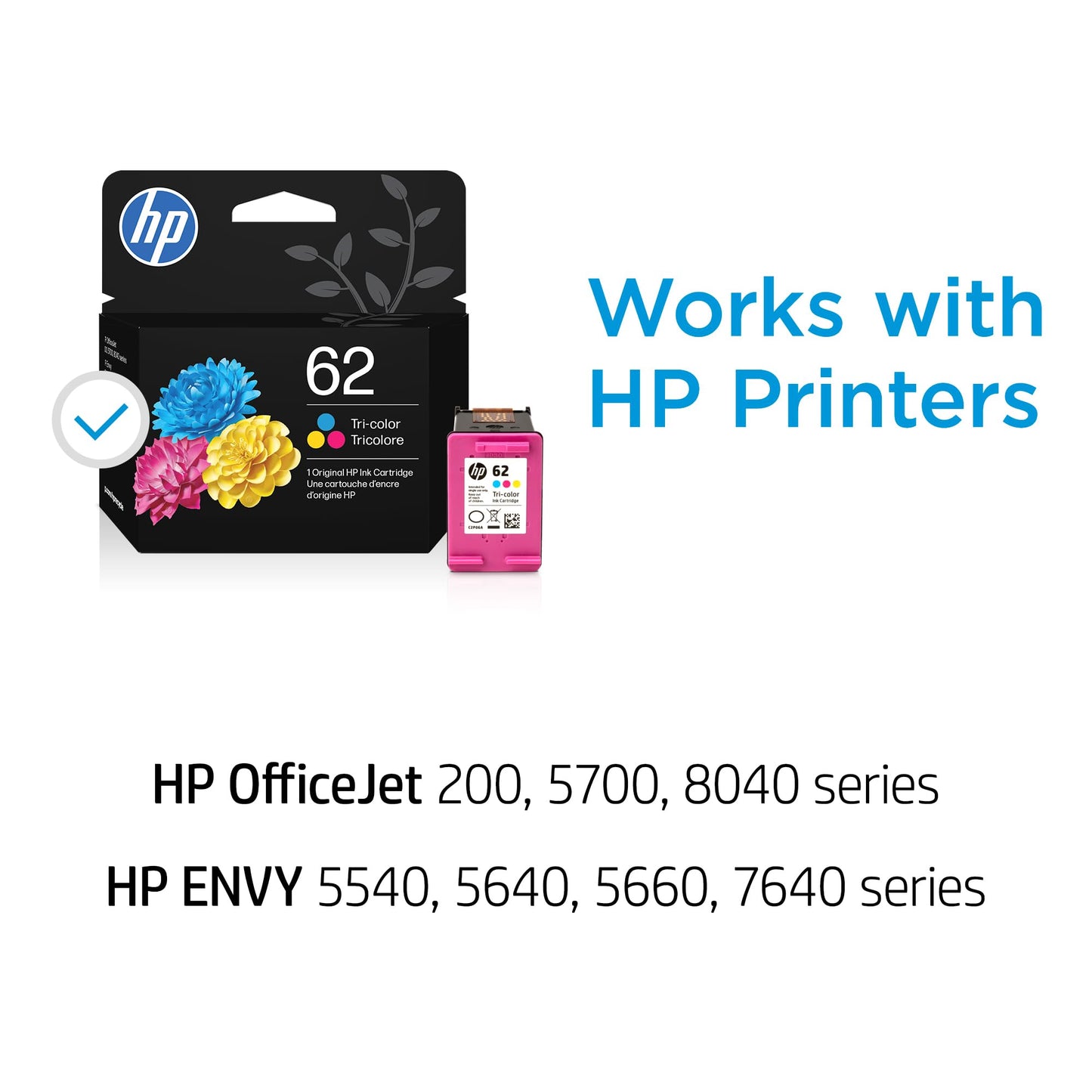 HP 62 Tri-Color Ink Cartridge | Works with Printer Series: Envy 5540, 5640, 5660, 7640, OfficeJet 5740, 8040, OfficeJet Mobile 200, 250 | Instant Ink Eligible| C2P06AN | Packaging May Vary
