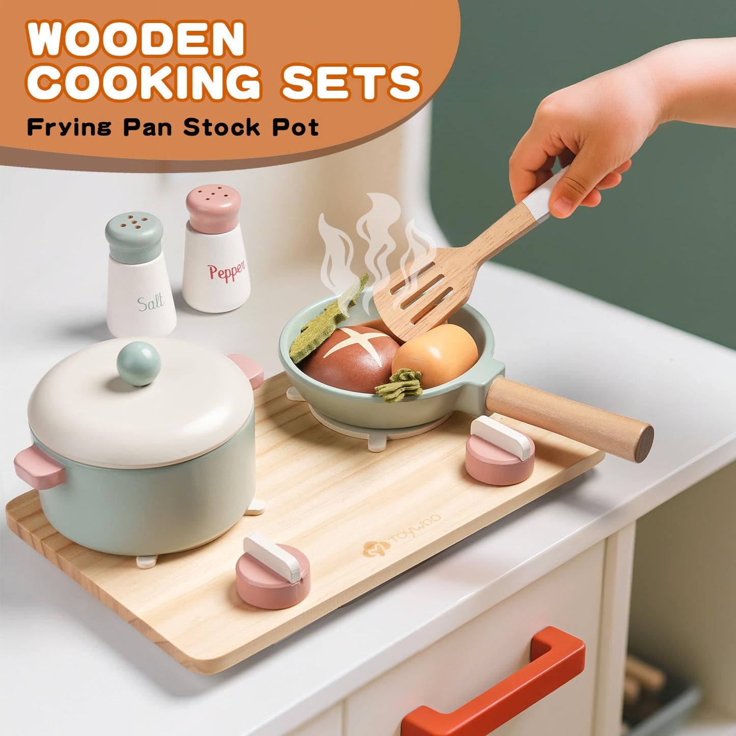 Wooden Play Kitchen Accessories Pretend Toy Pots and Pans Sets for Kids Kitchen Playset with Toy Stove Toddler Cooking Sets Food Toys for Toddlers 3-5 Gifts for Girls Boys (Wooden Cooking Set)