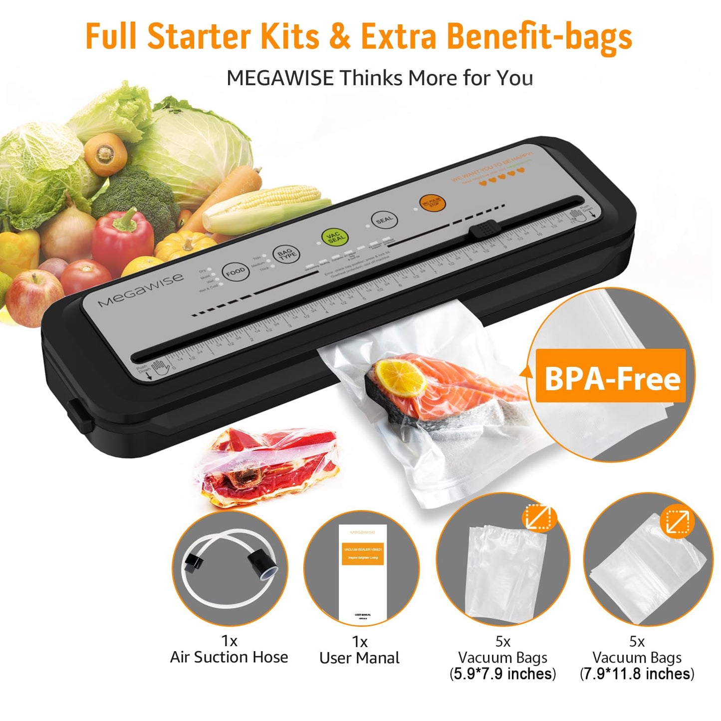 Updated Vacuum Sealer Machine 2025, MEGAWISE Food Sealer w/Starter Kit, Dry & Moist Food Modes, Compact Design with 10 Vacuum Bags & Built-in Cutter (Grey)