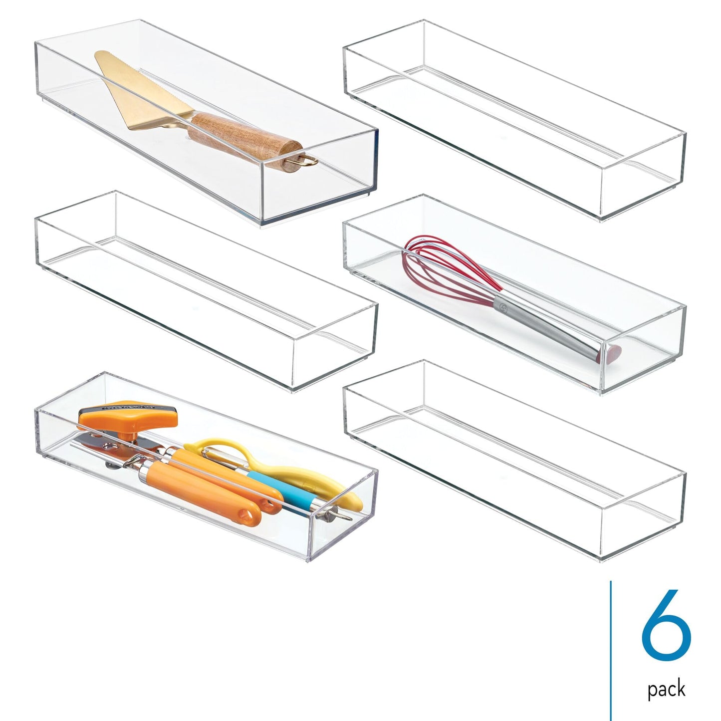iDesign Plastic Makeup Drawer Organizer Tray - Vanity Organizer or Desk Drawer Organizer - Set of 6 - Clear