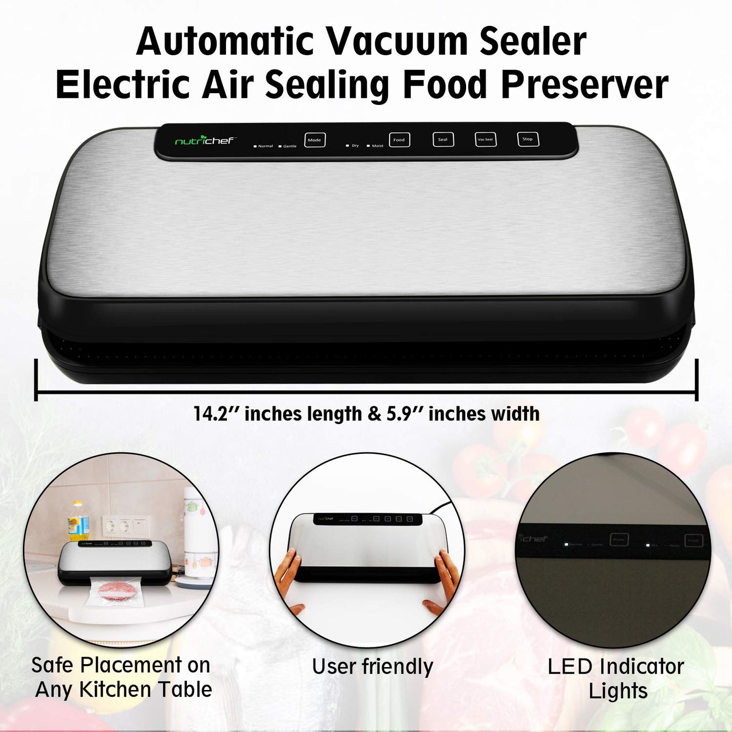 NutriChef Stainless Steel Vacuum Sealer For Food - High-Power Machine with Adjustable Suction, Dry & Moist Modes, LED Lights, Bags, Wine Stopper & Hose, Easy Plug-in Design, Lab-Tested Food Storage