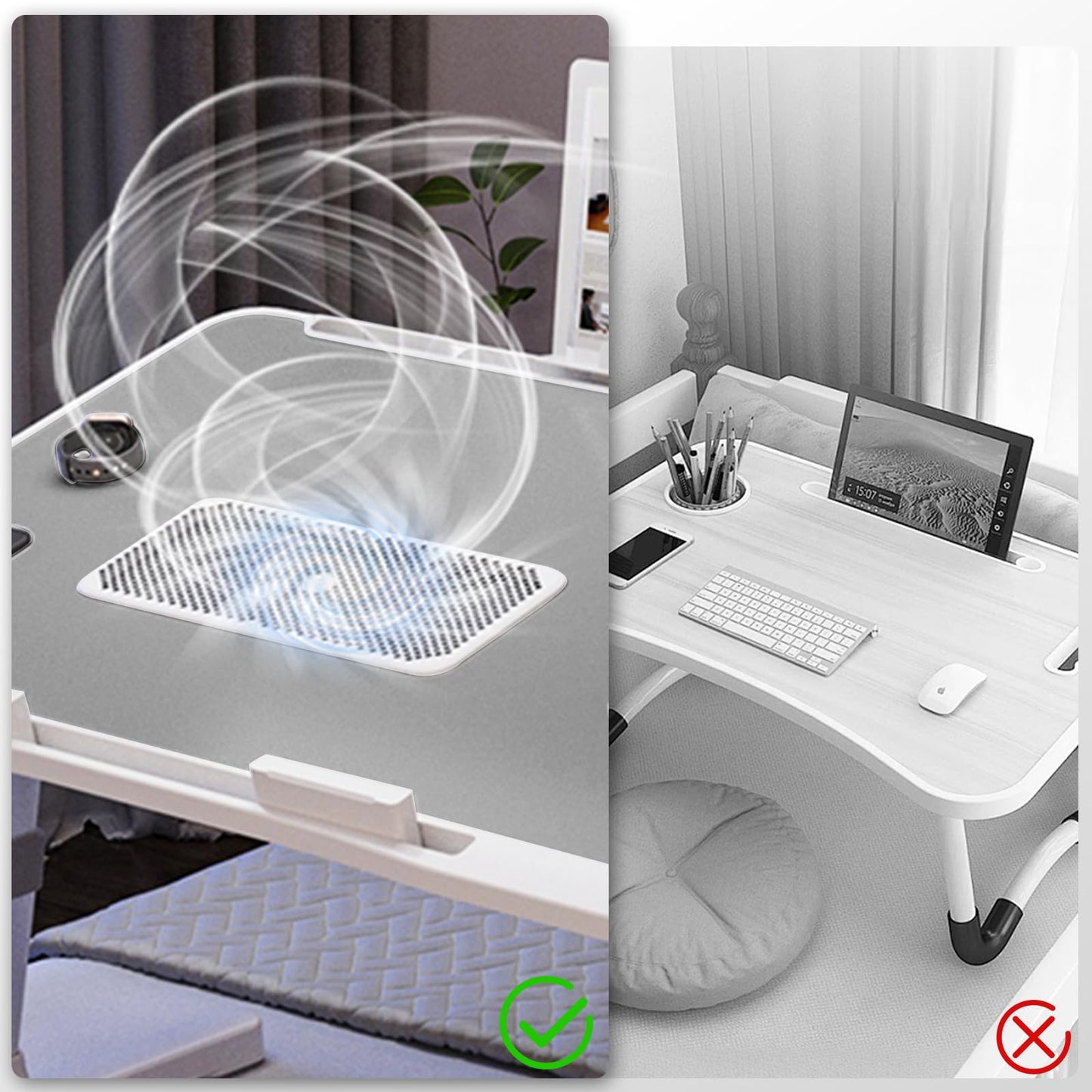 Laptop Lap Desk with Cooling Fan - Adjustable with Light, USB, Storage Drawer - Folding Bed Desk,22.04"*12.59",Grey