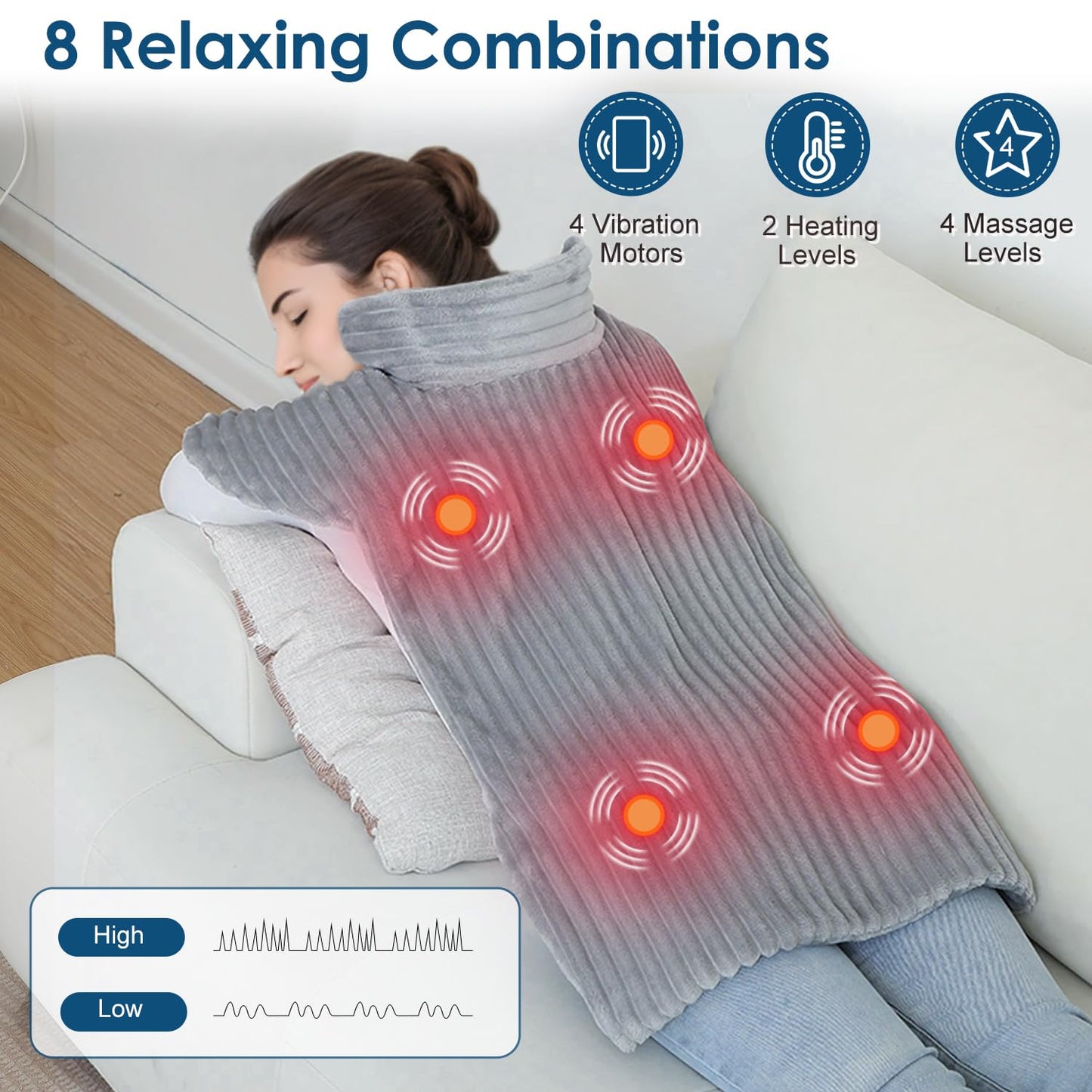 Heating Pad with Massager for Back Pain Cramps Relief,24"x35" Electric Heating Pad for Neck and Shoulders,Inner Detachable Heated Pad Wrap with 4 Massagers,Gifts for Women Men (Grey)