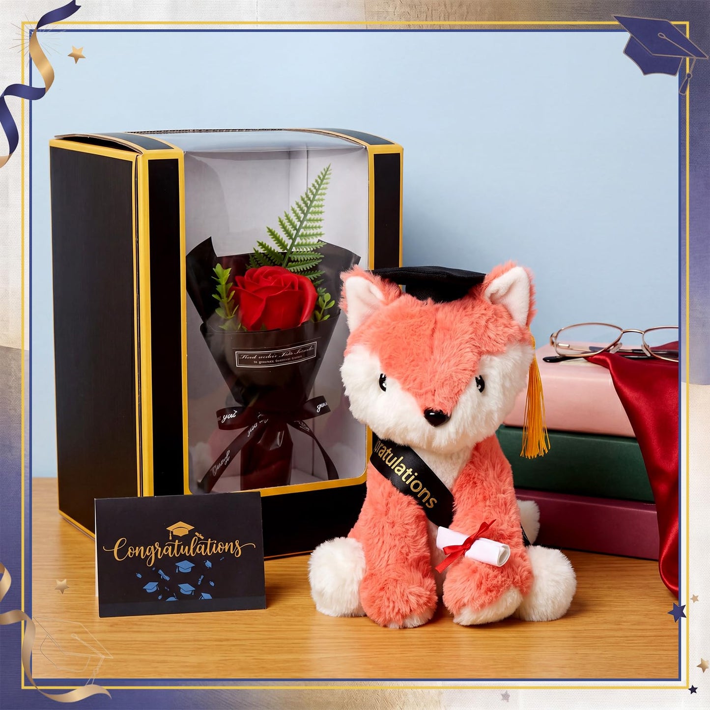 Hungdao Graduation Fox Plush Toy Gifts Set 8.6" Fox Stuffed Animal with Black Cap, Sash, Greeting Card and Artificial Rose for 2026 High School College Kindergarten Graduation Party Gifts