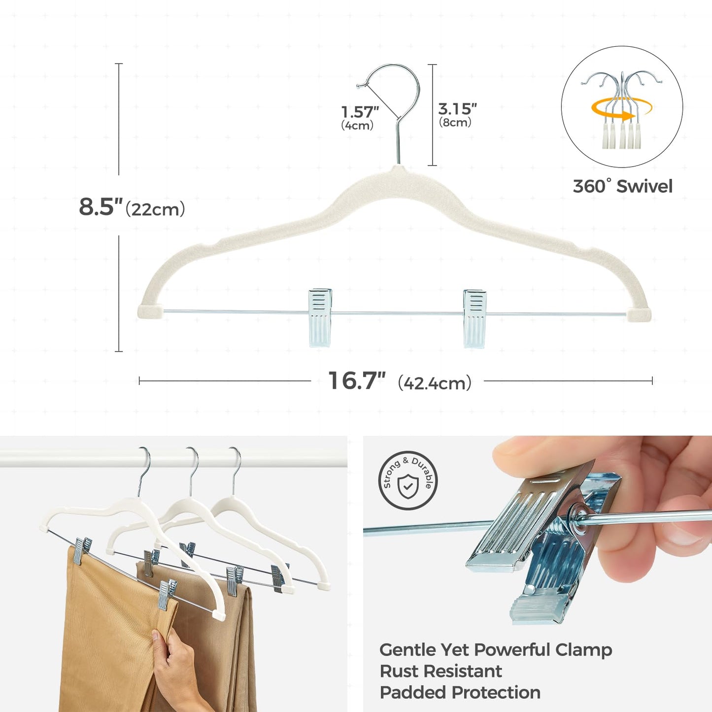 HOUSE DAY Velvet Hangers with Adjustable Clips 30 Pack, Non-Slip Suit Organizer with 360° Hook - Heavy Duty Hanger for Pants, Skirts, Blouses, Dresses - Outfit Hangers All-Season Space Saver (Ivory)