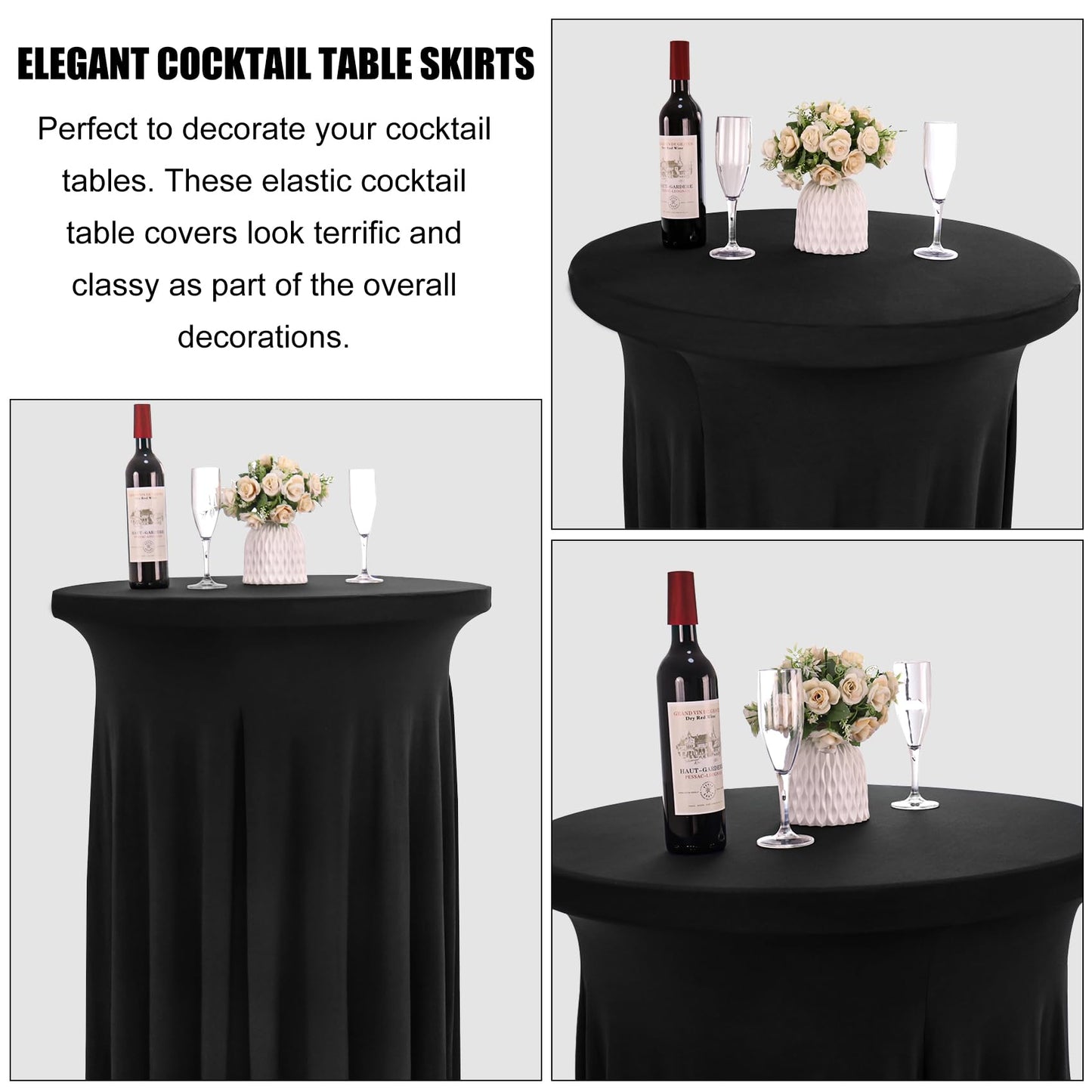 JALANCY 4 Packs 32 x 43 Inch Spandex Round Cocktail Table Skirts with Wavy Drapes Stretch Cocktail Tablecloth Fitted High Top Tables for Wedding Bar Party Banquet (Black)