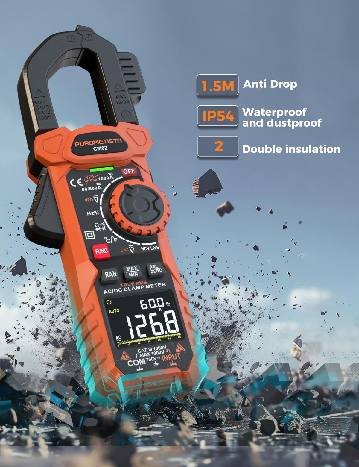 Clamp Meter POROMETISTO Digital Inrush Clamp Multimeter 1000A TRMS 6000 Counts, Amp Voltage Tester with VFD, LOZ Mode，Measures AC/DC Current Voltage NCV Temperature Resistance Capacitance Frequency