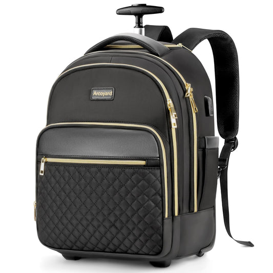 Arcoyard Small Rolling Backpack for Women, Lightweight Travel Backpack with Wheels, Roller Backpack for Adults, Water Resistant Rolling Laptop Bag, Wheeled Underseat Carry On Luggage, Black Gold
