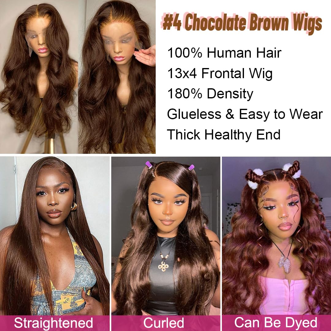 Kkioor Chocolate Brown Lace Front Wig Human Hair 13x4 Body Wave Lace Front Wigs for Women 180% Density Glueless Wigs Human Hair pre Plucked with Baby Hair 34 Inch