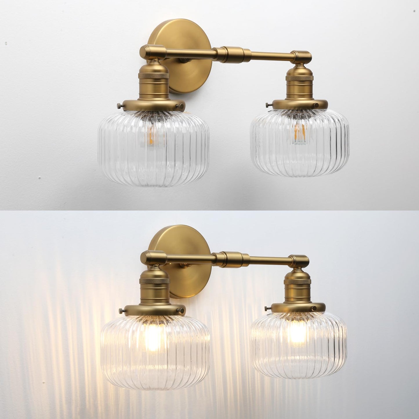 JIMUBEAM 2-Lights Industrial Glass Wall Sconces, Antique Brass Clear Striped Globe Shade Wall Light Fixture for Bathroom Vanity, Bedroom, Dining Room, Living Room, Farmhouse, Stairs