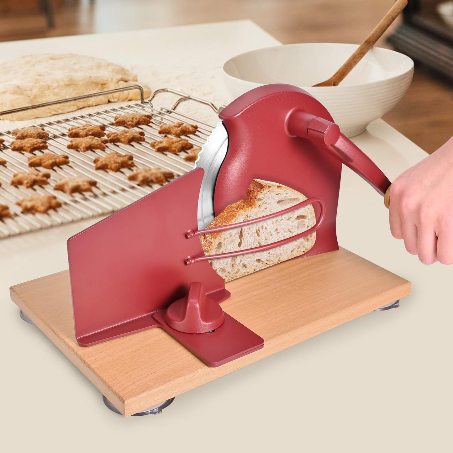SOWKIPE Manual Bread Slicer with Hand Crank, Classic Home Bread Slicer for Homemade Sourdough, Rotary Slicer with Adjustable Thickness, Premium Stainless Steel & Powerful Suction Cups (Red)