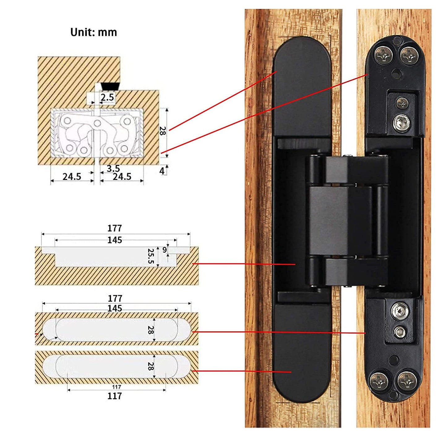 MARNER 2 Set 6 Inch Hidden Door Hinges Zinc Alloy Heavy Duty Invisible Hinge 180 Degree Swing Concealed Hinge 3 Way Adjustable Butt Hinge 6 x 2.5 x 1 Inch Black (2 Hinges)