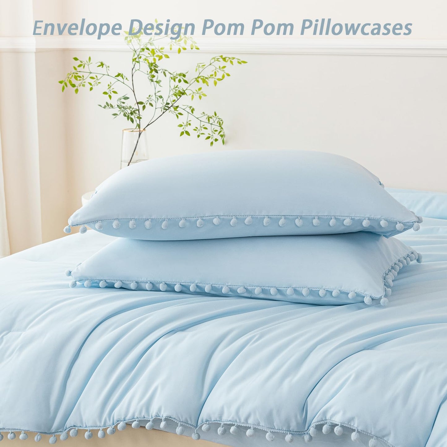 PERFEMET 5 Pieces Twin Bedding Sets Light Blue Pom Pom Comforter Set for Girls Boys Soft Fluffy Solid Boho Bed in A Bag with Comforter and Sheets(Light Blue, Twin)