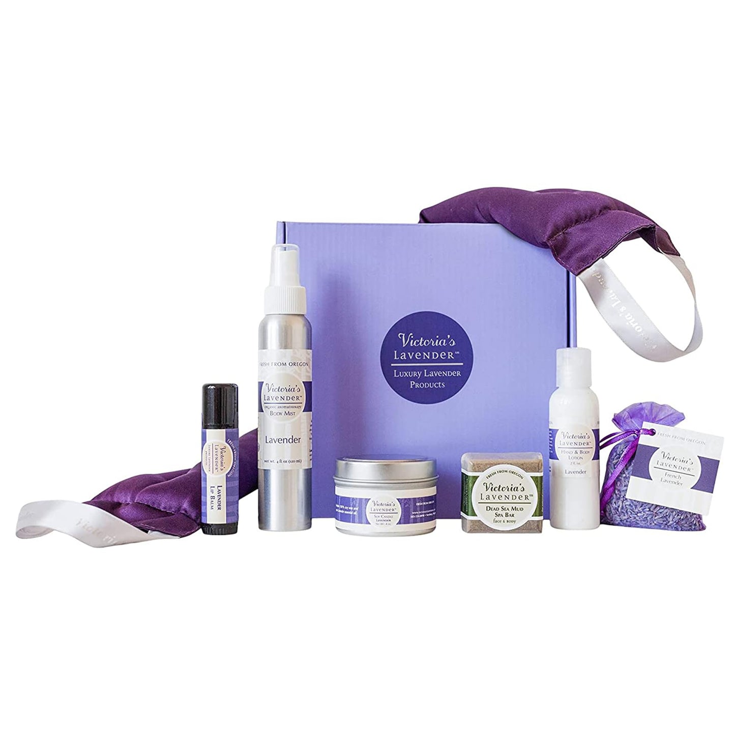 Victoria's Lavender Luxury Gift Basket for Women - Neck Wrap, Body Mist, Hand & Body Lotion, Lip Balm, Soy Candle, Mud Spa Bar & Lavender Sachet, Skin Care Sets & Kits, Beauty Products For Women