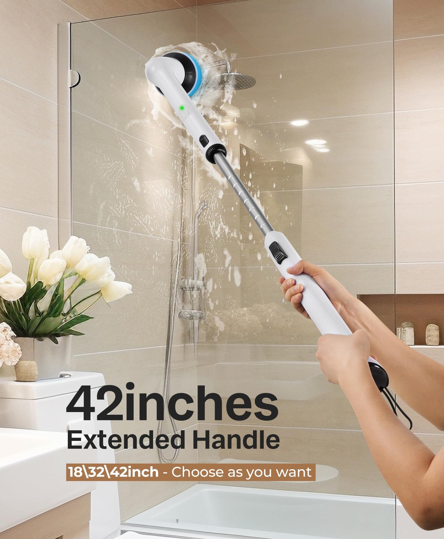 LyriFine Electric Spin Scrubber, New Full-Body IPX7 Waterproof Bathroom Cleaner Brush, Shower Scrubber with Long Handle & 2 Speed, Heads Replacement, Cleaning Supplies for Tub Shower Tile Floor