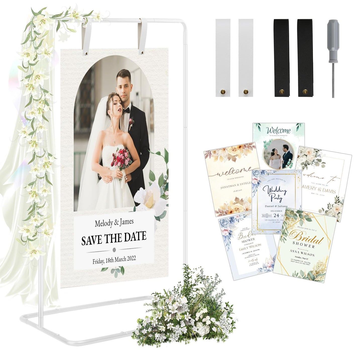 RARTOP Elegant White Wedding Easel Stand, Adjustable 30x20x68 in Welcome To Our Wedding Sign Display Stand with 39 Premium Templates&Leather Straps, Sturdy Display for Wedding, Birthday, Anniversary