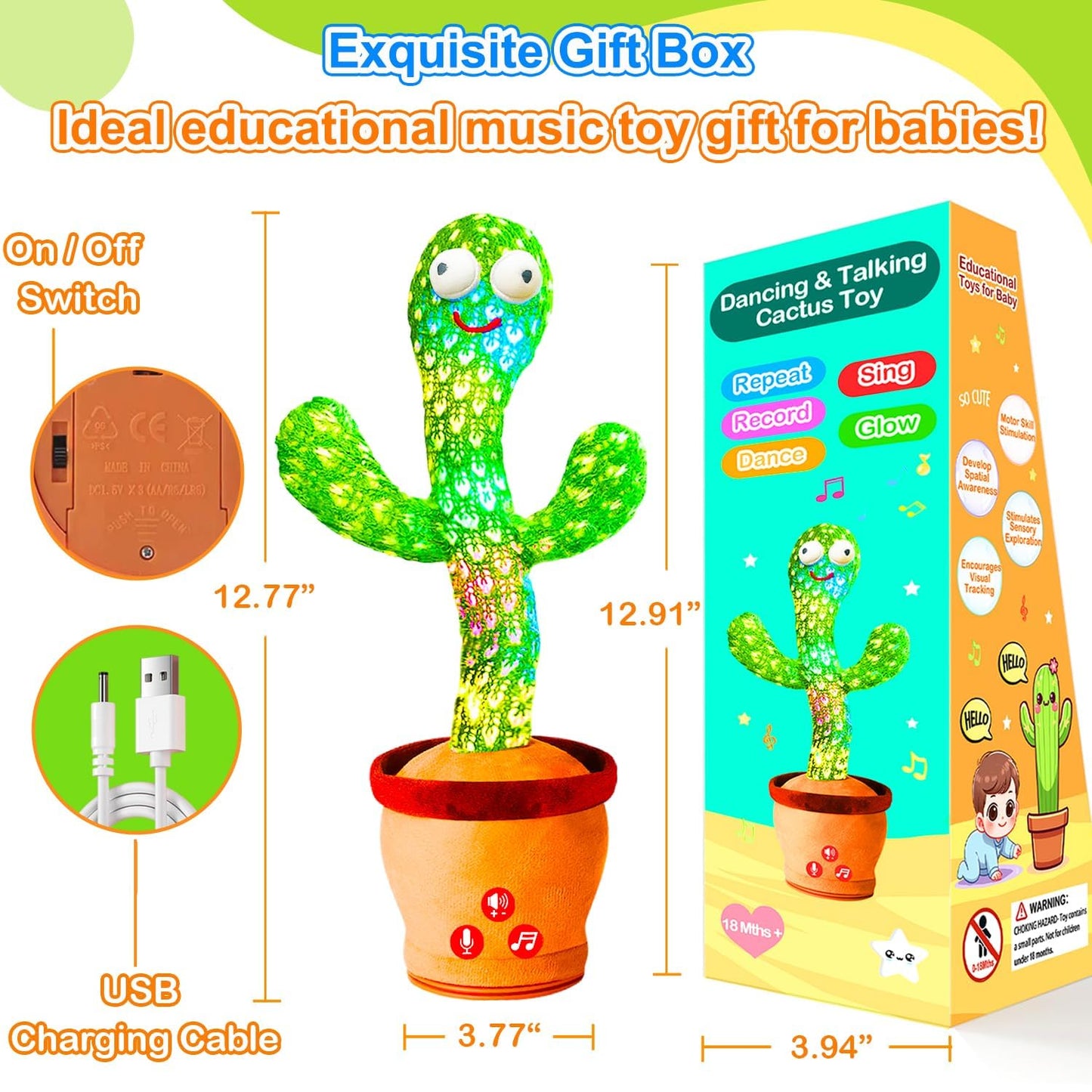Volume Adjustable Dancing Talking Cactus Toy for Baby Toddler, Interactive Cactus Baby Toy, Mimicking Singing Repeating, Toddler Baby Toys, Birthday Gifts for Girls Boys