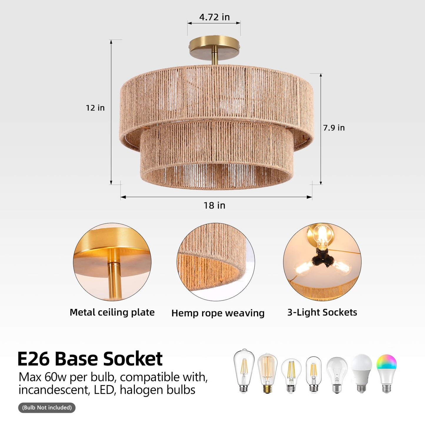 Lornwick Hemp Rope (18 inch, Ceiling Light)
