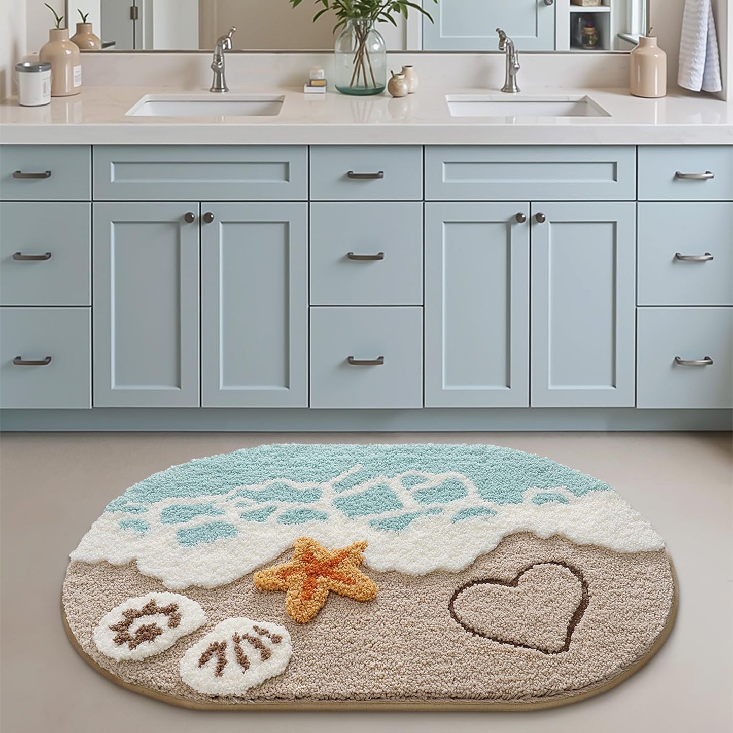 LUMI Extra Large Beach Bathroom Rugs, Non Slip Bath Mat Ultra Soft Washable Absorbent Quick Dry, Ocean Sea Theme Bath Rug with Starfish Shell for Shower Floor, Kitchen Decor, Kids Room, 30"x60"