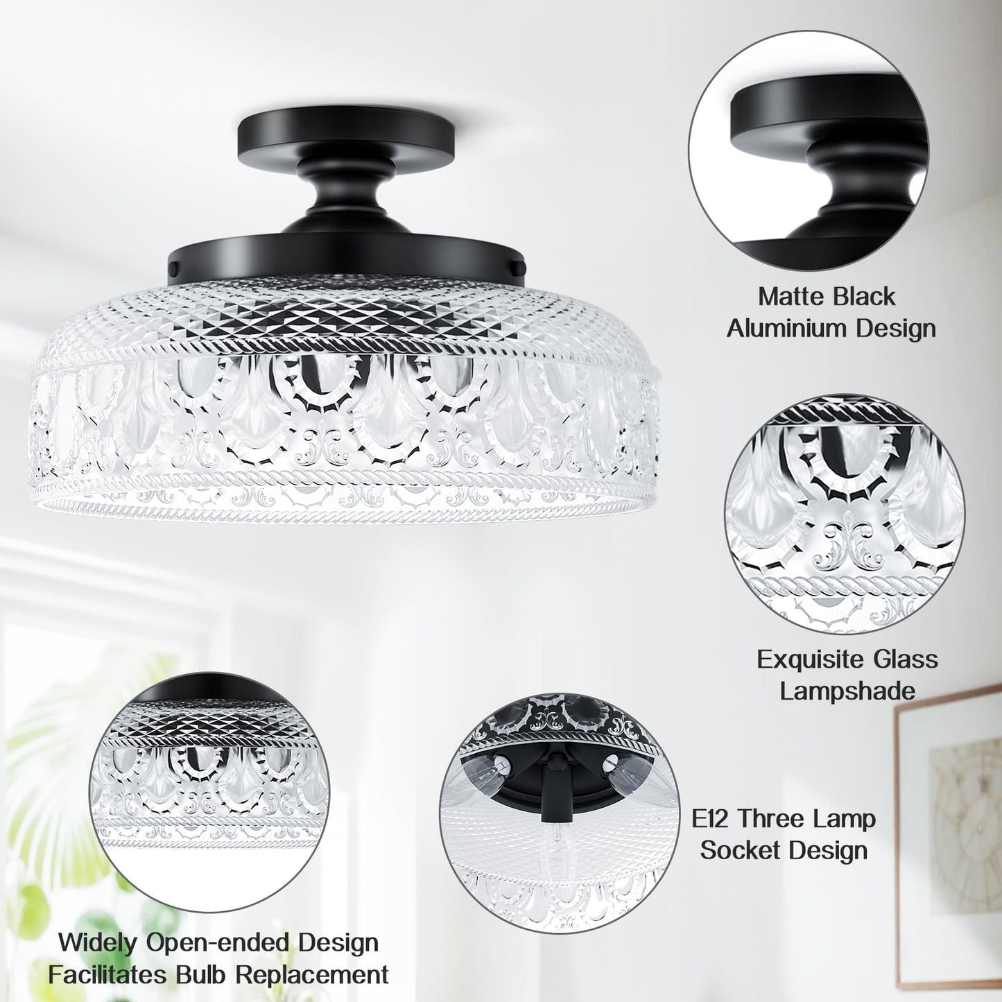 Lamomo Semi Flush Mount Ceiling Light, Upgraded Larger Black Hallway Light Fixture, 3-Bulb Globe Glass Close to Ceiling Light, Indoor Hanging Light for Bedroom Kitchen Porch Hallway,Bulbs Not Included