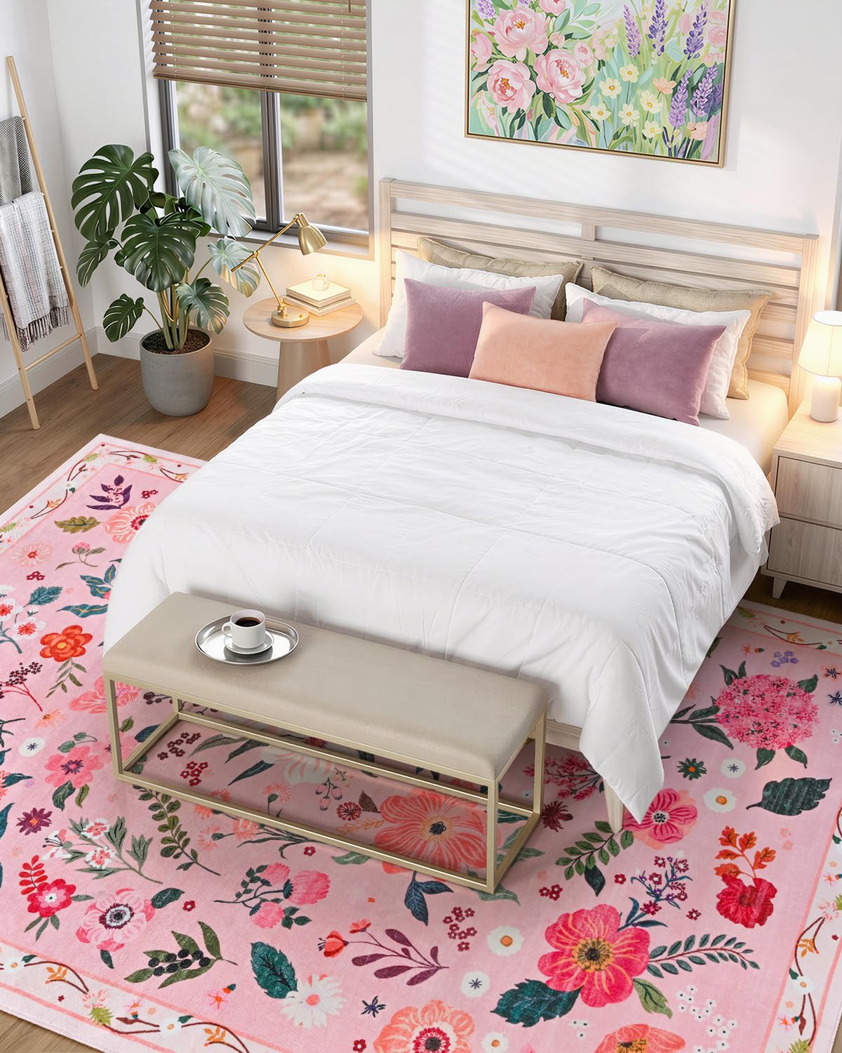 Macgace 5x7 Pink Floral Rug for Living Room, Machine Washable Area Rugs with Non Slip Backingfor Girls Bedroom, Cute Flowers Carpet Kitchen Dining Room Kids Playroom Decor