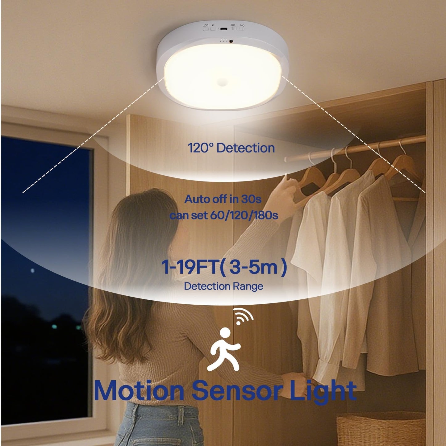KNHUOS 2 Packs Motion Sensor Closet Light with Remote, No Wiring Battery Operated Ceiling Light with 10000mAh, Waterproof Shower Light for Bathroom Closet Stairs Pantry