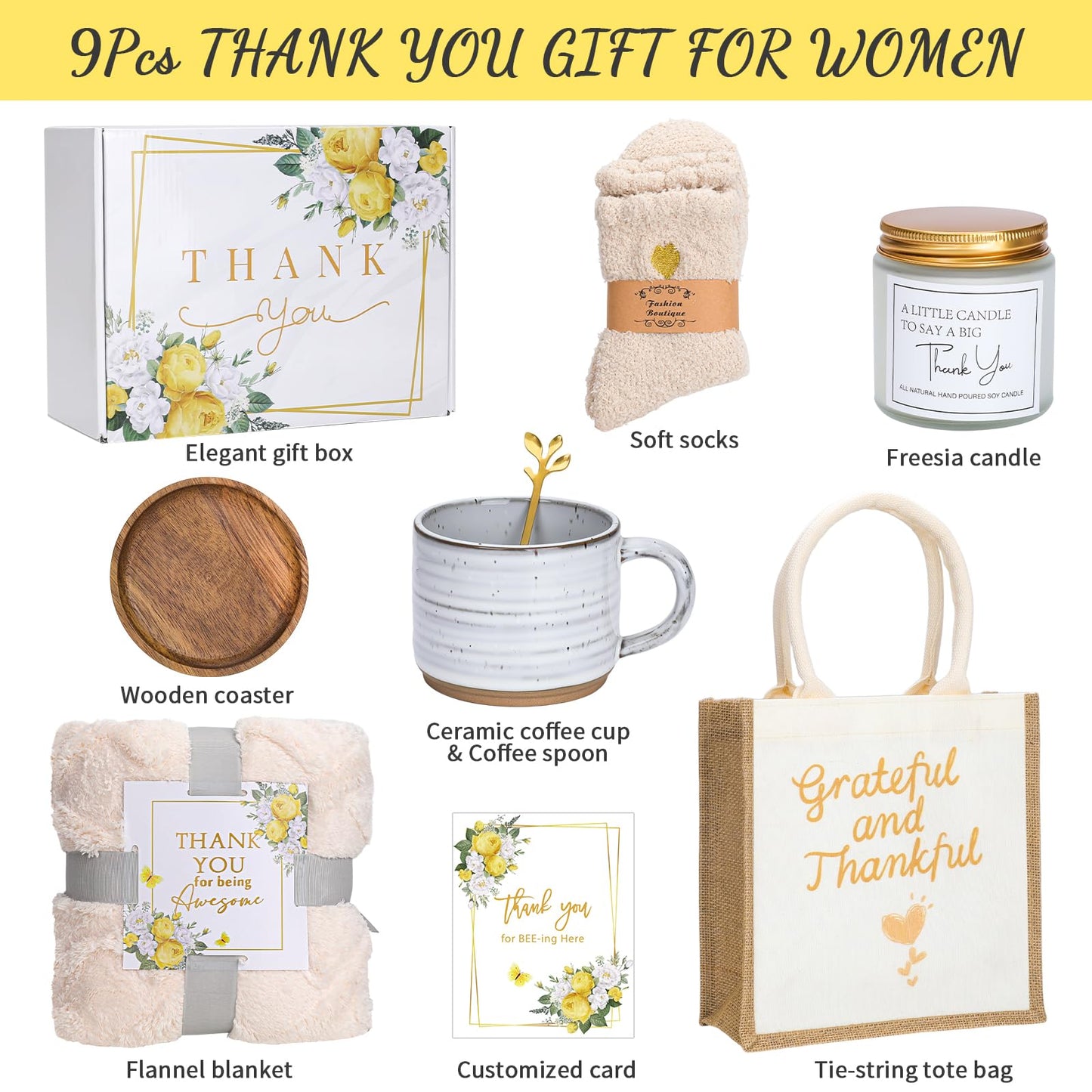 Thank You Gifts for Women ,Teacher Employee Appreciation Gift Basket with Blanket, Mug, Candle, Socks, Tote Bag for Coworkers Boss Nurse Friends