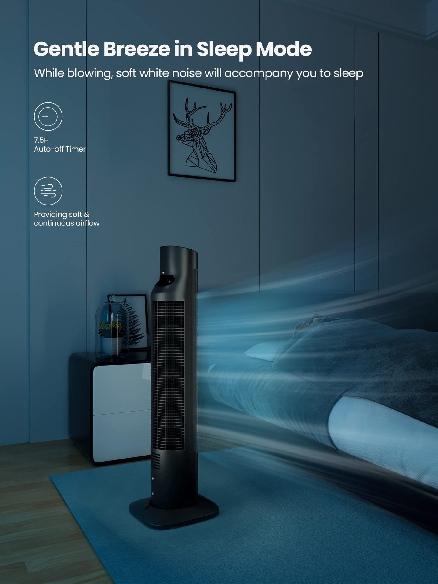 Uthfy Tower Fan for Bedroom, 120° Oscillating Standing Fan with Quiet Sleep Mode, 3 Speeds & 3 Modes, 7.5H Timer, Remote/Touch Control, Bladeless Floor Fans for Living Room, Office, Black