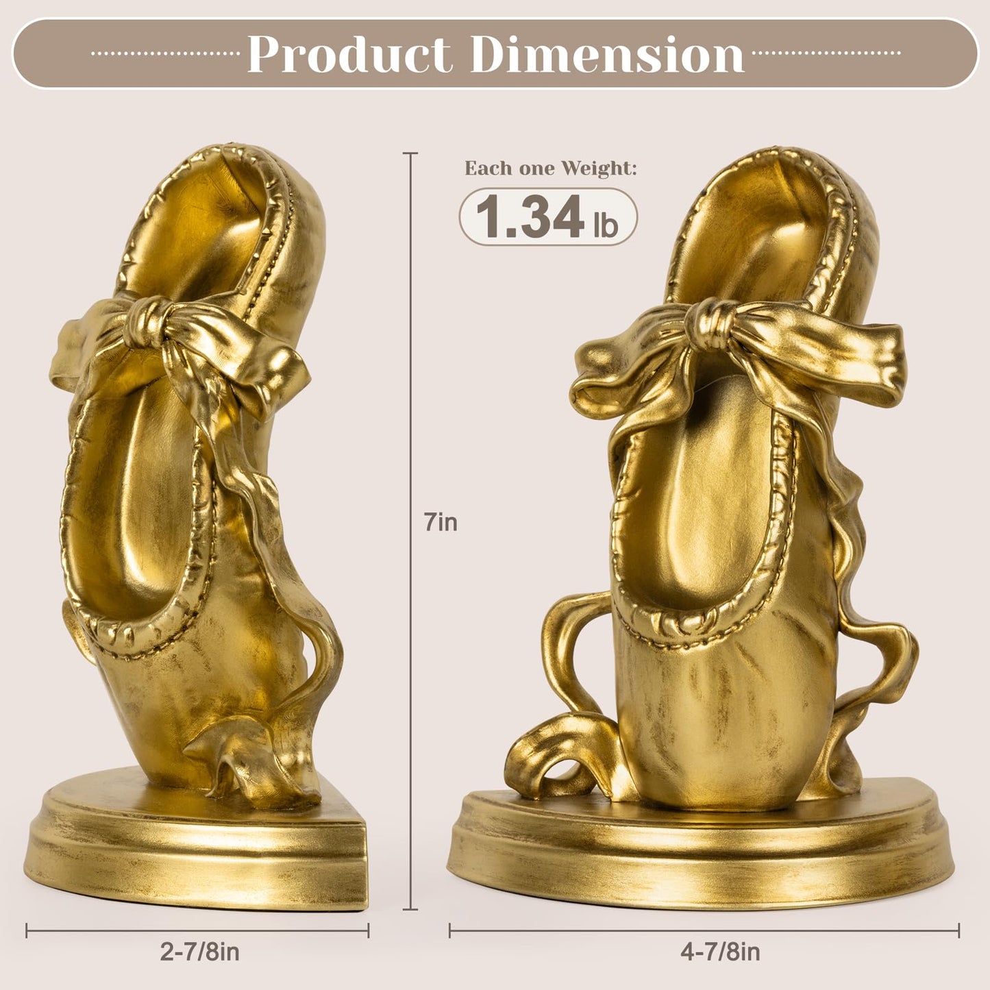 MXARLTR Bookends for Shelves, Ballet Slipper Decorative Bookends - Book Ends with Anti-Slip Pad for Book Lovers Dancers Heavy Book Holder for Home Office Decor (Gold)