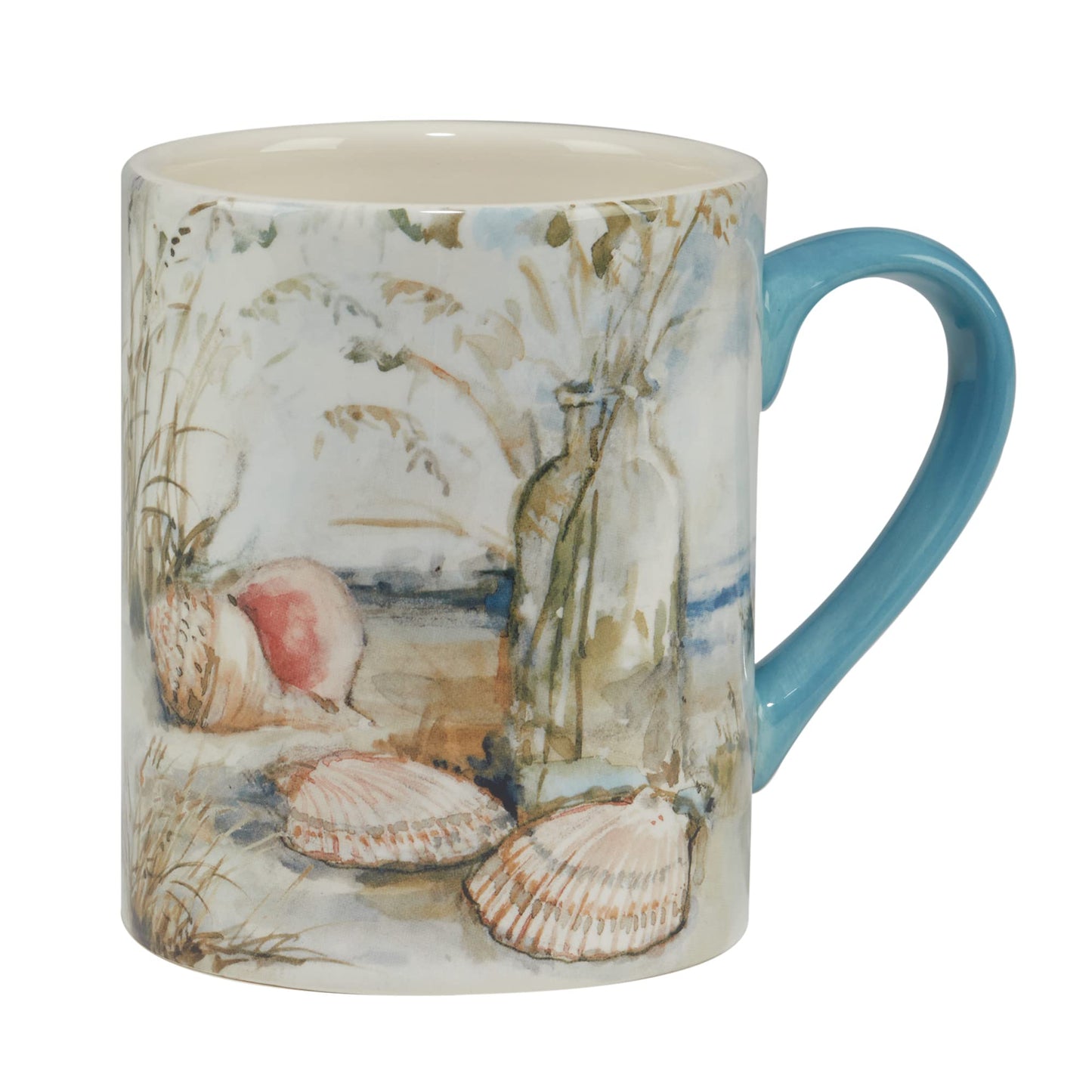Coastal Landscape 16 oz. Ceramic Mugs – Set of 4 Assorted Beach Designs with Starfish, Shells & Ocean Bottles – Seaside Coffee Cups for Tea, Hot Cocoa, or Gifting – Blue Handle Accent