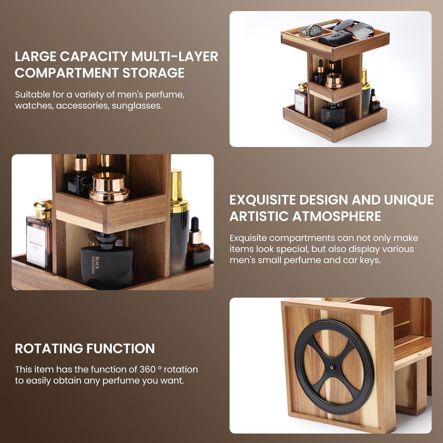EXIN DECHEN Cologne Organizer for Men,Cologne Stand,3 Tier Wooden Perfume Shelf with Rotate,Desk Organizer,Gift for Dad From Wife,Husband Boyfriend Birthday Gift Ideas,Fathers Day Gift for Men