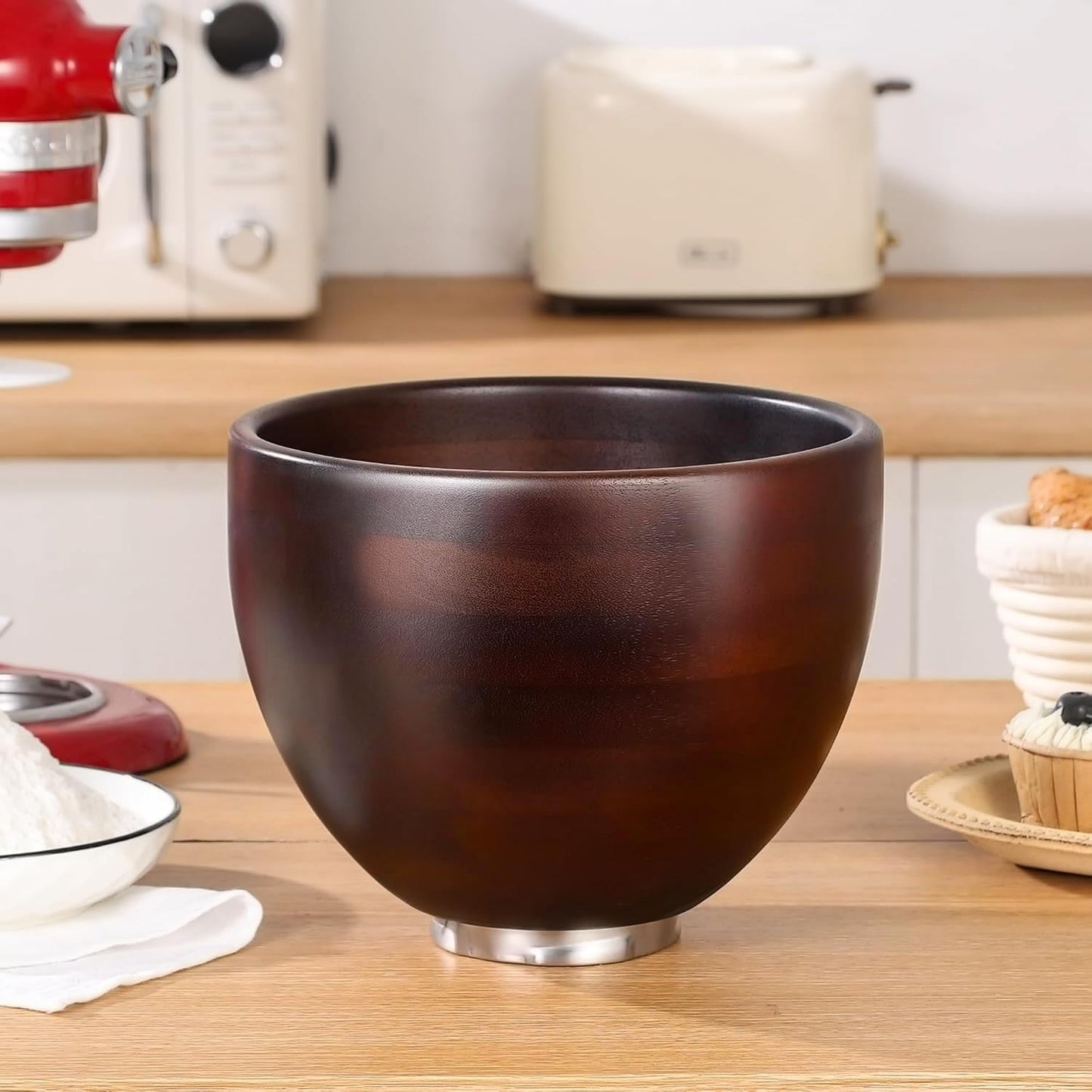 ULTICOR Premium Walnut Wood Mixing Bowl Compatible with KitchenAid 4.5 & 5 QT Tilt-Head Models – Natural True Walnut Wooden Bowl with Stainless Steel Locking Base | 5QT